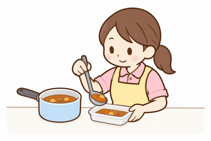 作った料理を浅い容器に小分けして冷ましている訪問介護スタッフのイラスト