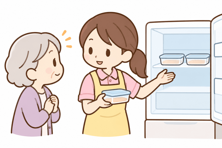 冷蔵庫の前で、小分けした作り置きの保存場所を高齢の利用者に説明している訪問介護スタッフのイラスト