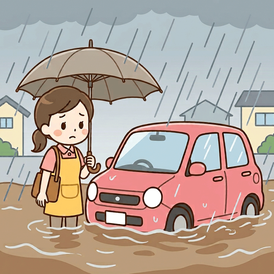 訪問介護の移動中に冠水した道路の前で立ち止まっているヘルパーのイラスト