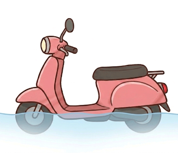 タイヤの半分くらいまで冠水した道路に立つバイクのイラスト