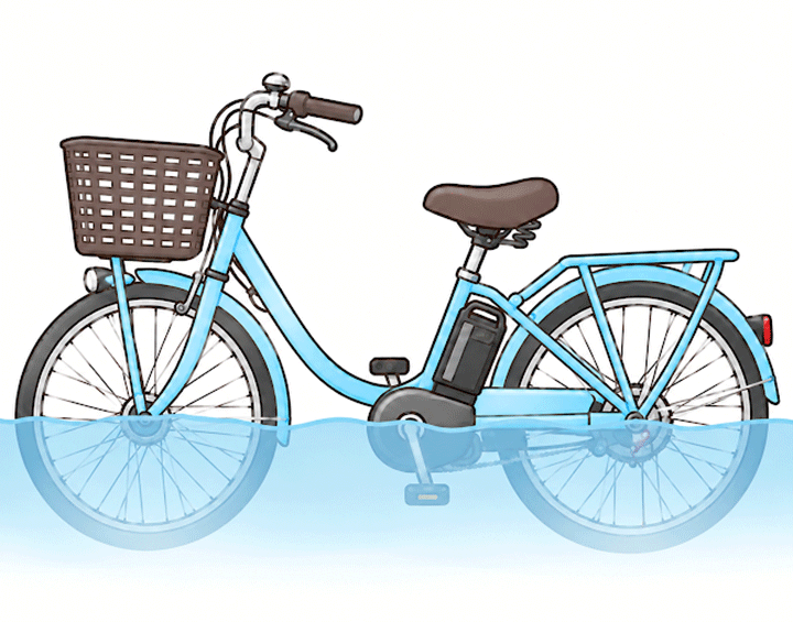 ペダルクランクの中心あたりまで冠水した道路に立つ電動アシスト自転車のイラスト