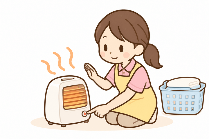暖房器具で脱衣所を暖めている訪問介護スタッフのイラスト