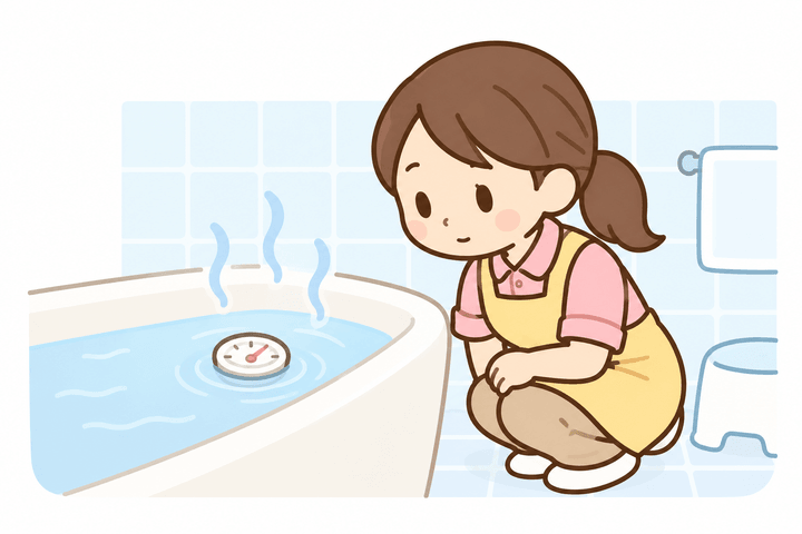 湯温計で浴槽のお湯の温度を確かめている訪問介護スタッフのイラスト