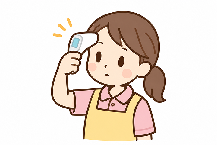 訪問前に体温を測っている訪問介護スタッフのイラスト