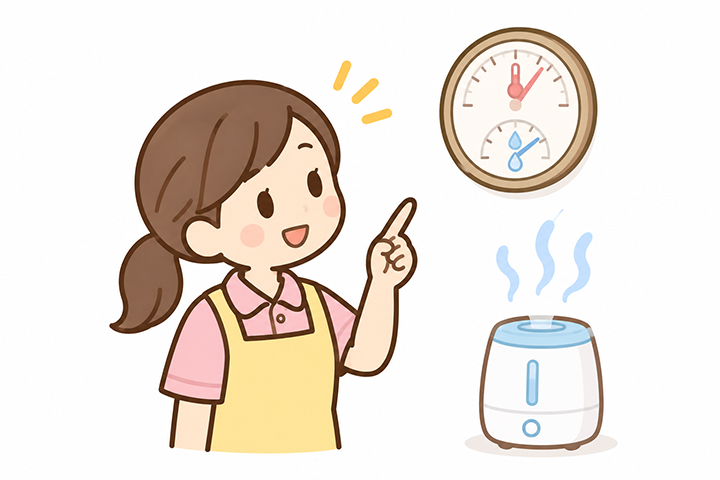 室内の温湿度計で湿度を確認している訪問介護スタッフのイラスト