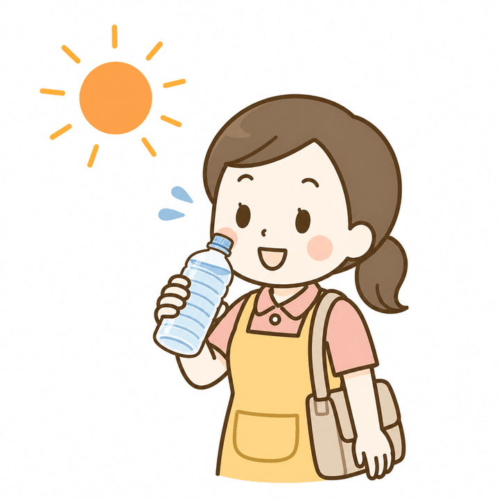 炎天下で水分補給をしている訪問介護スタッフのイラスト