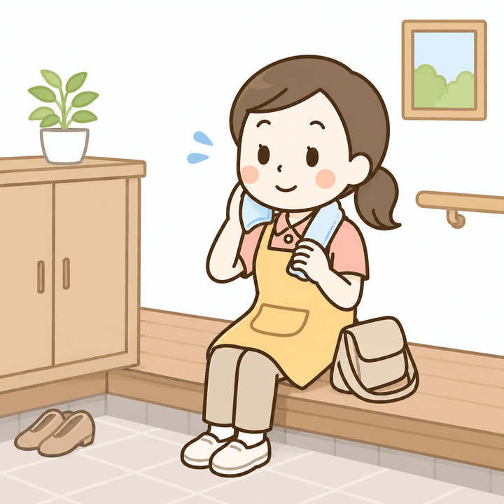 玄関先で冷却タオルを首に当てて涼んでいるヘルパーのイラスト