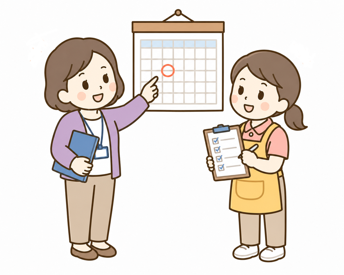 処遇改善加算の申請スケジュールを確認している管理者とサービス提供責任者のイラスト